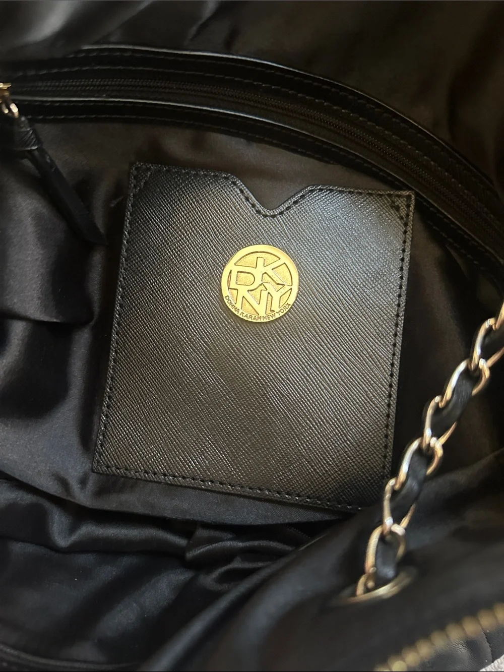 DKNY Black Quilted Leather Shoulder Tote with Chain Straps